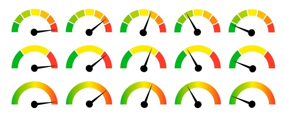 Speedometer gauge meter icons. Vector scale, level of performance. Speed Stock Illustration