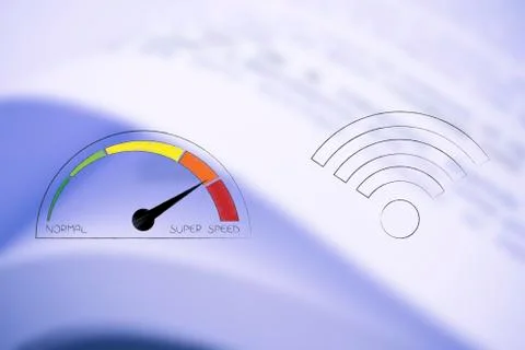 Speedometer going from normal to super speed next to wifi icons Stock Illustration