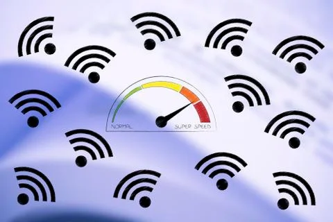 Speedometer going from normal to super speed surrounded by wifi icons Stock Illustration