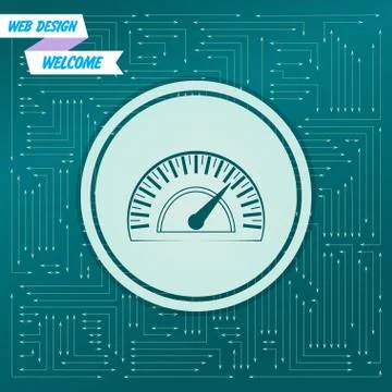 Speedometer icon on a green background, with arrows in different directions.  Illustrazione stock