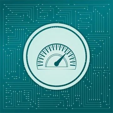 Speedometer icon on a green background, with arrows in different directions.  Stock Illustration
