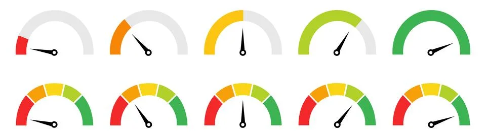 Speedometer icon set. Performance level dial bar vector illustration. Power.. Stock Illustration