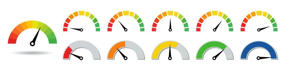 Speedometer icon set. Performance level dial bar vector illustration. Power l Stock Illustration