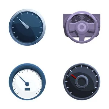 Speedometer icons set cartoon vector. Various style of car speedometer Illustrazione stock