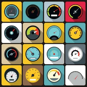 Speedometer icons set, flat style Stock Illustration