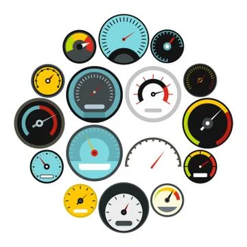 Speedometer icons set, flat style Stock Illustration