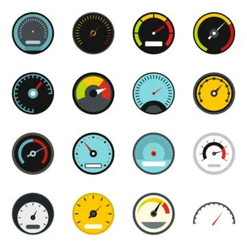 Speedometer icons set, flat style Stock Illustration