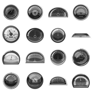 Speedometer icons set, gray monochrome style Stock Illustration