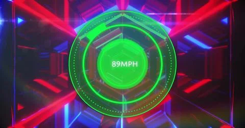 Speedometer image showing 89 mph over colorful geometric shapes Ilustração Stock