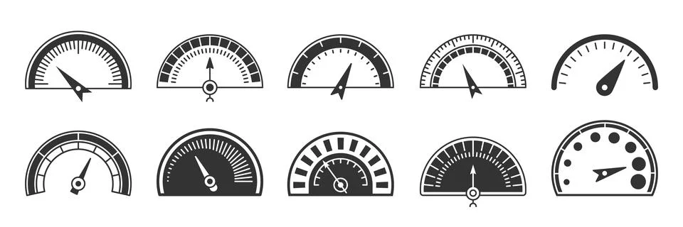 Speedometer indicator dashboard black glyph set Stock Illustration