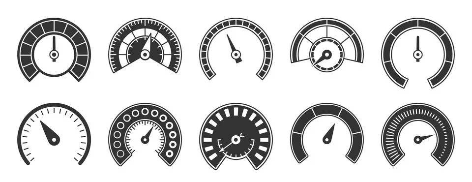 Speedometer indicator dashboard black glyph set Stock Illustration