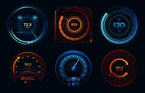 Speedometer indicators. Power meters, fast or slow internet connection spee.. Stock Illustration