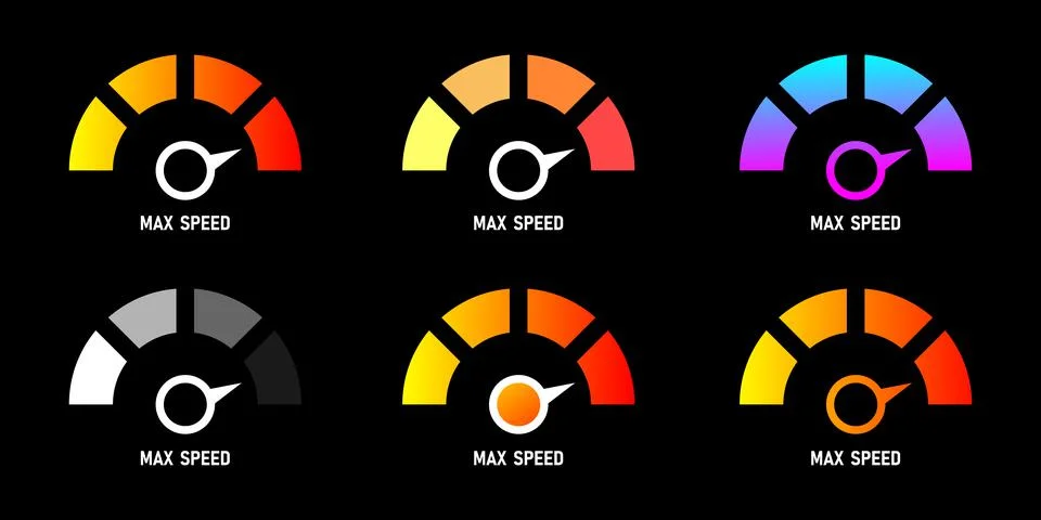 Speedometer logo icon. Max speed meter. Vector illustration isolated on black Illustrazione stock