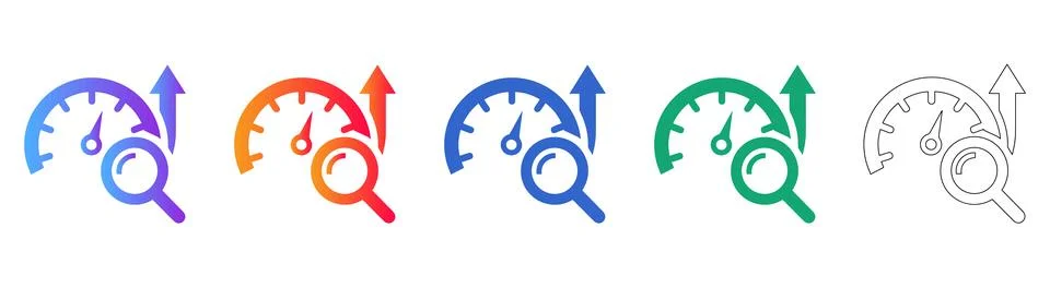 Speedometer with Magnifying Glass Analysis Icon Set Stock Illustration