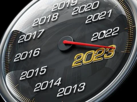 Speedometer needle pointing the year 2023. 3D illustration Stock Illustration