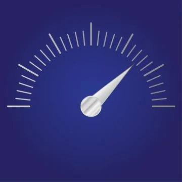 Speedometer or tachometer with metallic arrow isolated on dark blue background.  Stock Illustration