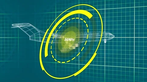 Speedometer over round scanner against 3d airplane model spinning on blue Stock Footage 329417738