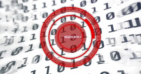 Speedometer reading 165MPH over binary code background in animation Stock Footage 306719677