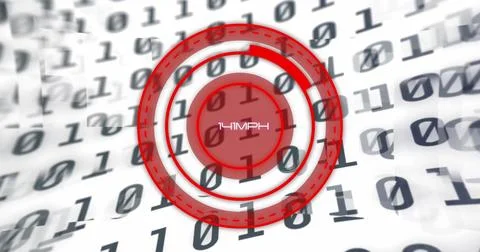Speedometer reading 165MPH over binary code background in image Stock Illustration
