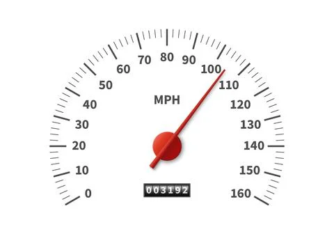 Speedometer. Realistic odometer interface. Speed meter with red arrow and miles Illustrazione stock