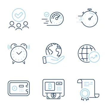 Speedometer, Safe box and Timer icons set. World statistics, Bitcoin atm and Stock Illustration