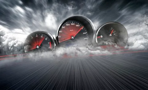 Speedometer scoring high speed in a fast motion blur racetrack background. Sp Stock Photos