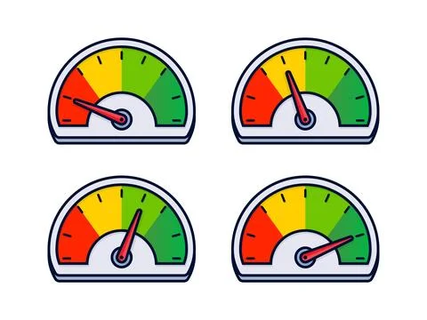 Speedometer set, gauge meter. Speed dial indicator. Scale, level of performance 스톡 일러스트
