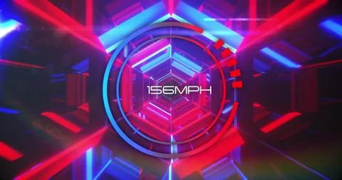 Speedometer showing 156 mph over neon geometric shapes image Ilustração Stock
