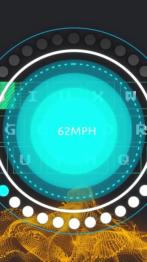 Speedometer showing 60MPH animation over digital keyboard and abstract orange Stock Footage 342015662