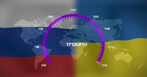 Speedometer showing 97 MPH over world map with Russian and Ukrainian flags Stock Footage 325705736