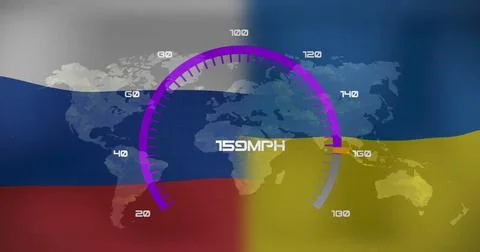 Speedometer showing 97 MPH over world map with Russian and Ukrainian flags Ilustração Stock