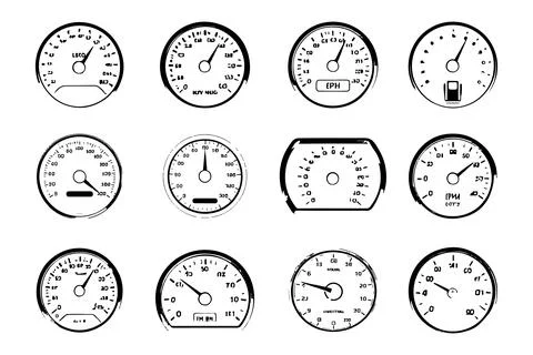 Speedometer speed vector icon set, gauge meter, dashboard elements 스톡 일러스트
