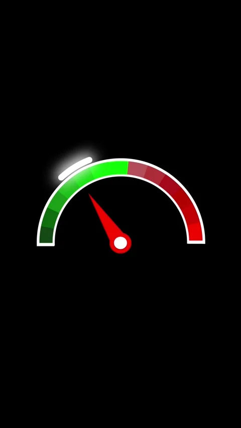 Speedometer-style gauge icon with green to red arc and red needle pointing .. Stock Footage 344733275