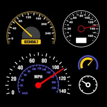 Speedometers Set on Black Background. Vector Illustration