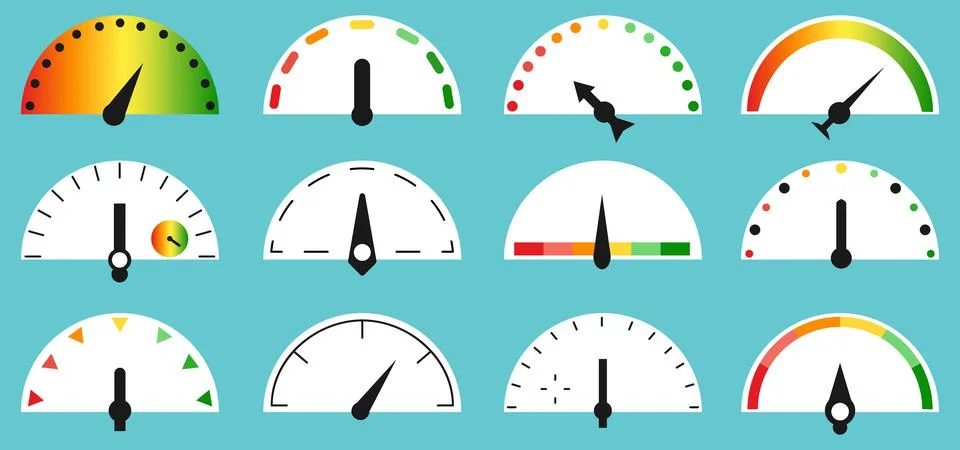 Speedometers speed concept gradient flat icon set Stock Illustration