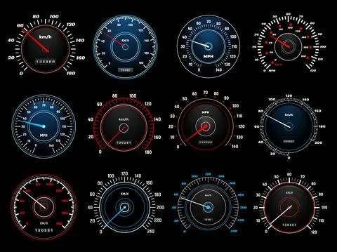 Speedometers, speed indicators, vector dashboard 스톡 일러스트