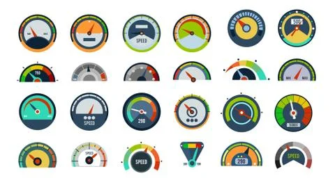 Speedometers vector set with different style and signs Stock Illustration