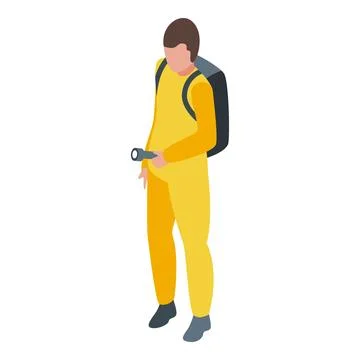 Speleologist exploring cave holding flashlight wearing overall and backpack Stockillustratie