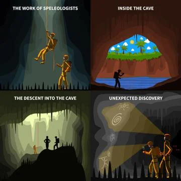 Speleologists 4 Flat Icons Square Banner Stock Illustration