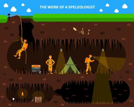 Speleologists Cave Exploration Flat Background Banner Stock Illustration