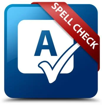 Spell check blue square button red ribbon in corner Ilustração Stock