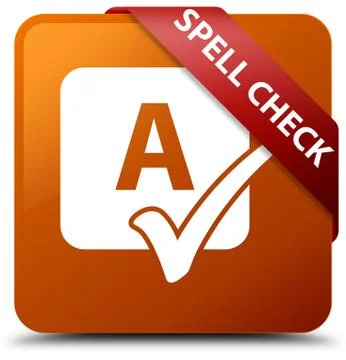 Spell check brown square button red ribbon in corner Ilustração Stock