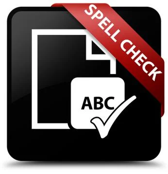 Spell check document black square button red ribbon in corner Stock Illustration