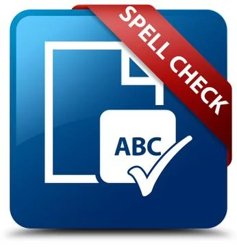 Spell check document blue square button red ribbon in corner Ilustração Stock