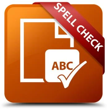 Spell check document brown square button red ribbon in corner Ilustração Stock