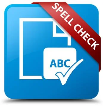 Spell check document cyan blue square button red ribbon in corner Ilustração Stock