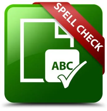 Spell check document green square button red ribbon in corner Illustrazione stock