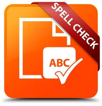 Spell check document orange square button red ribbon in corner Ilustração Stock