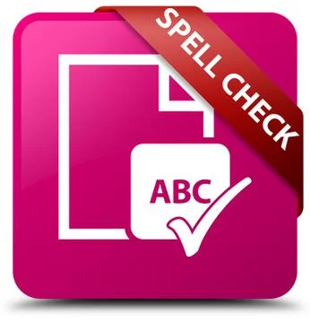 Spell check document pink square button red ribbon in corner Ilustração Stock