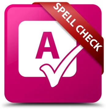 Spell check pink square button red ribbon in corner Ilustração Stock